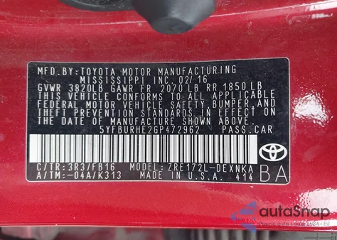 2016 Toyota Corolla Le из США, поврежденный, VIN 5YFBURHE2GP472962